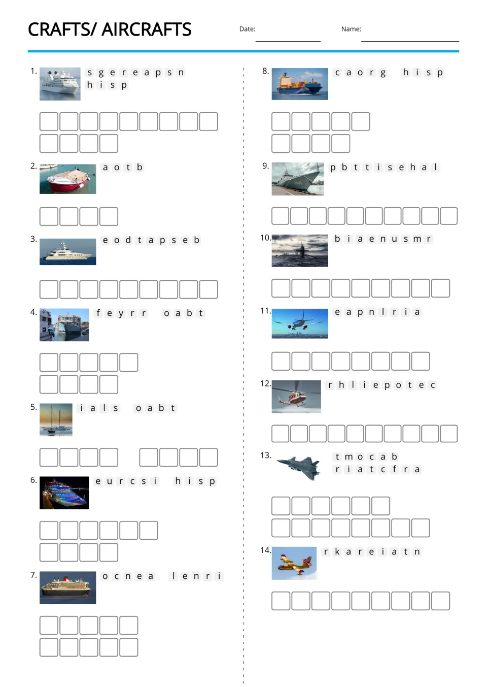 Picture-supported anagrams for 14 craft names, including passenger ship, boat, submarine, and helicopter
