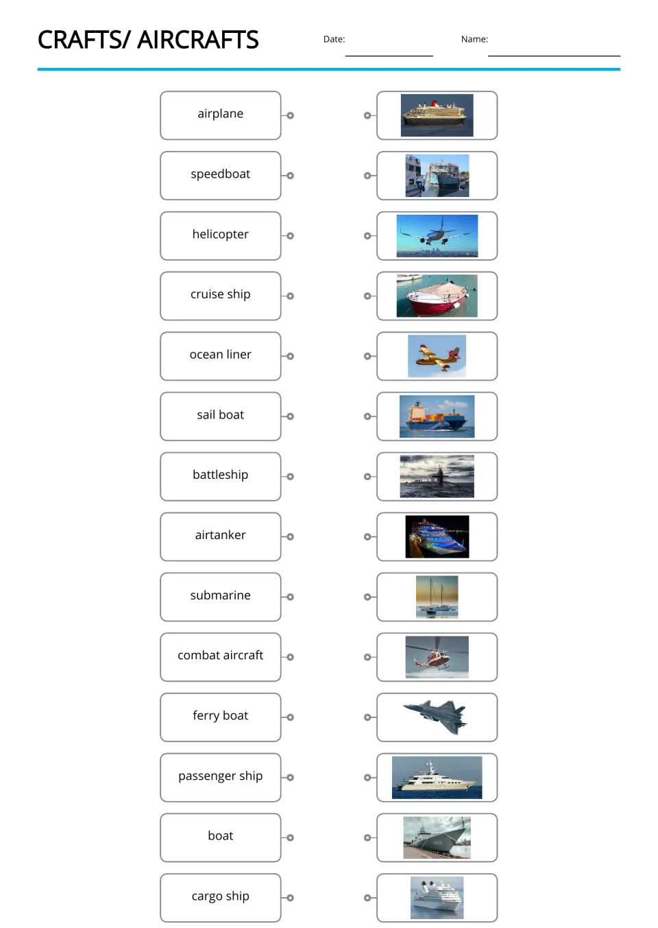 Word-to-picture matching for 14 craft terms, including airplane, speedboat, helicopter, and cruise ship