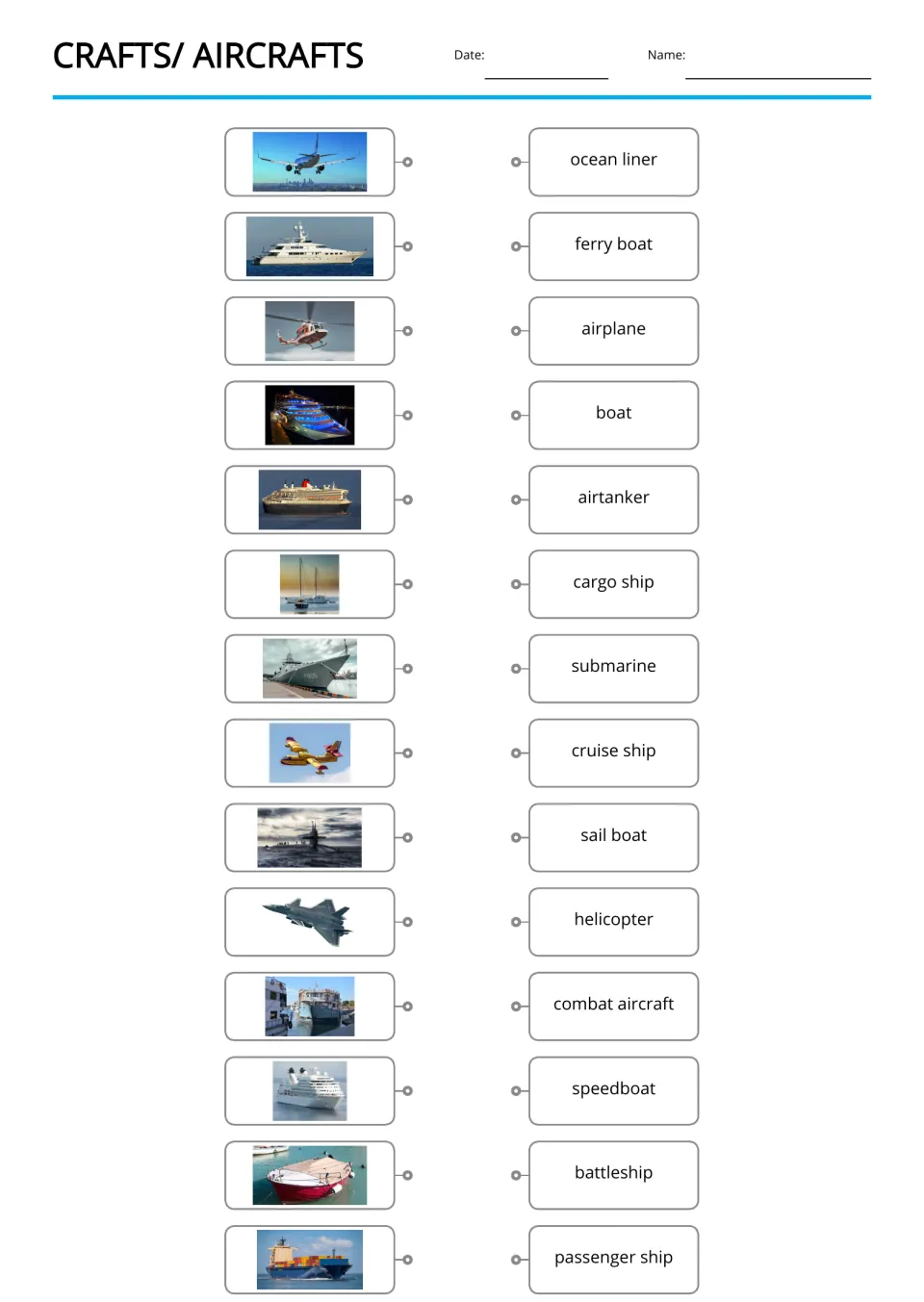 Picture-to-word matching for 14 craft terms, including ocean liner, ferry boat, airplane, and cargo ship