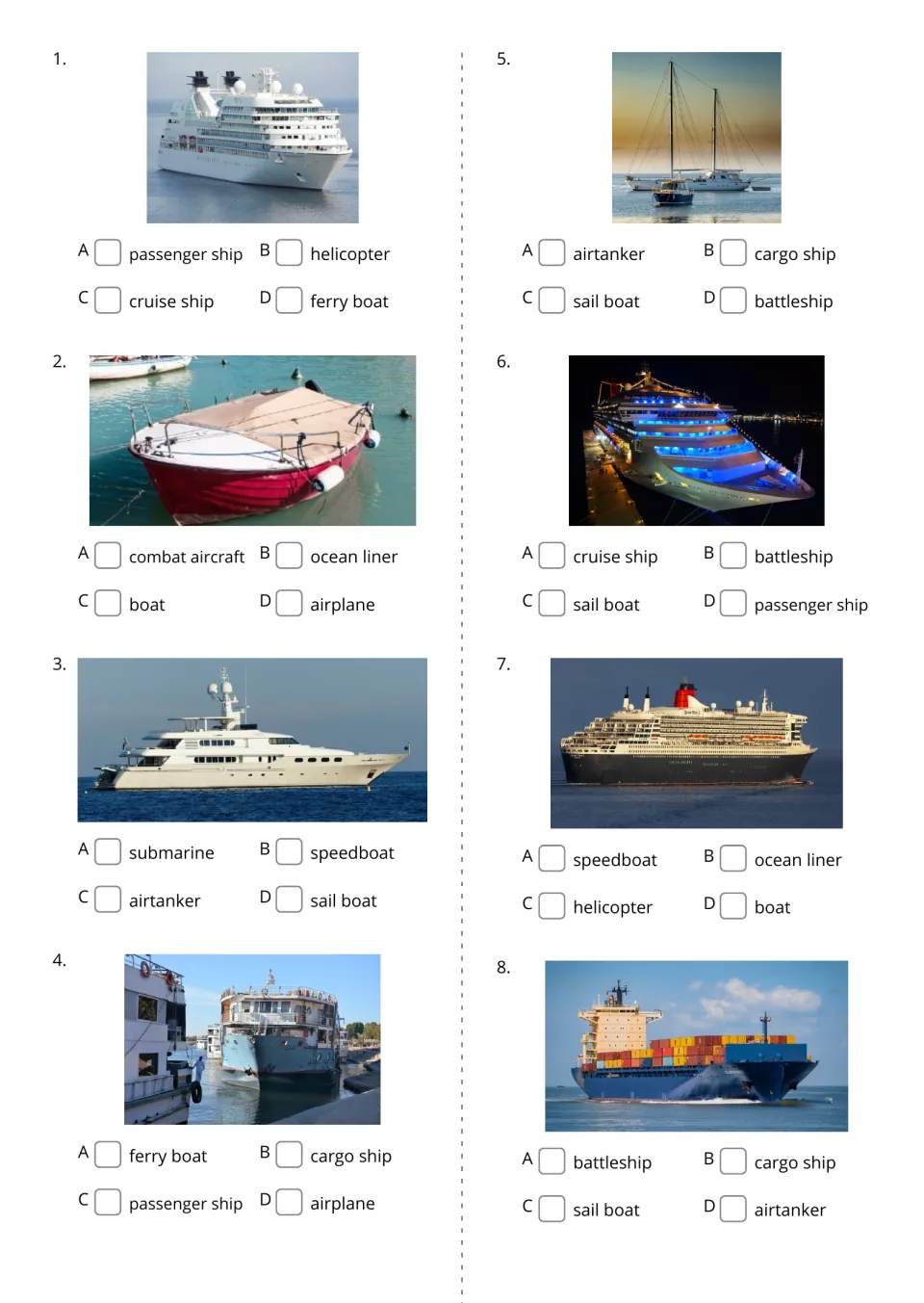 Picture-to-word questions 1–8 ask students to identify passenger ship, boat, speedboat, and five more craft