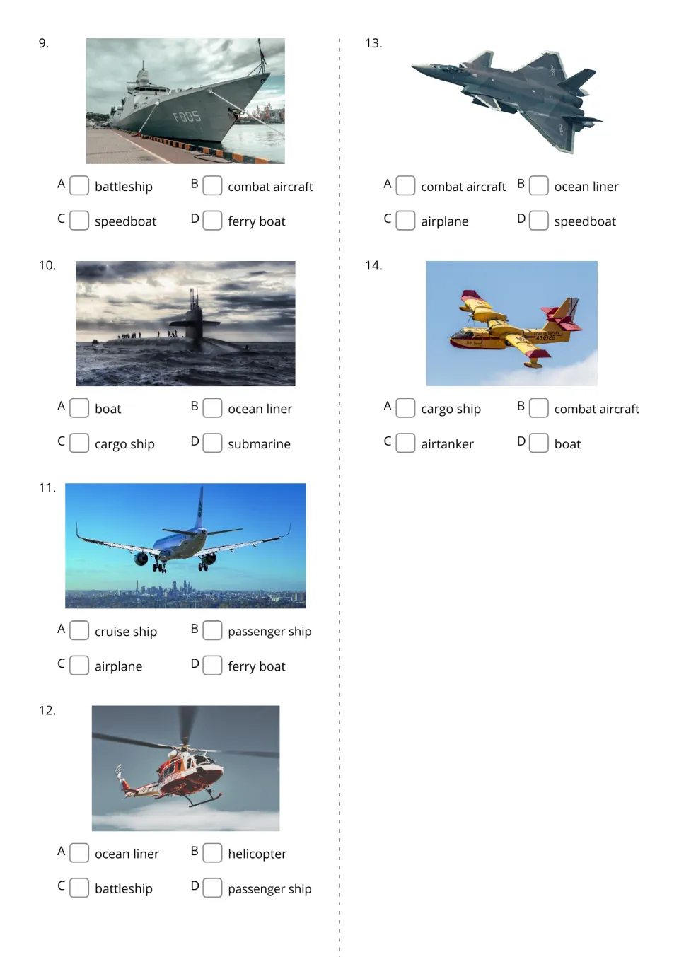 Picture-to-word questions 9–14 cover battleship, submarine, airplane, helicopter, combat aircraft, and airtanker