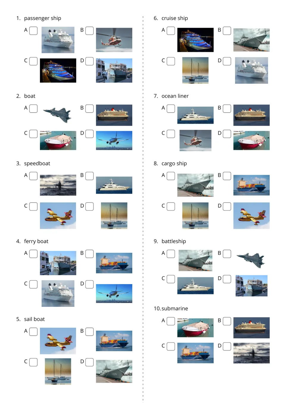 Word-to-picture questions 1–10 pair craft names such as passenger ship and submarine with four photo choices