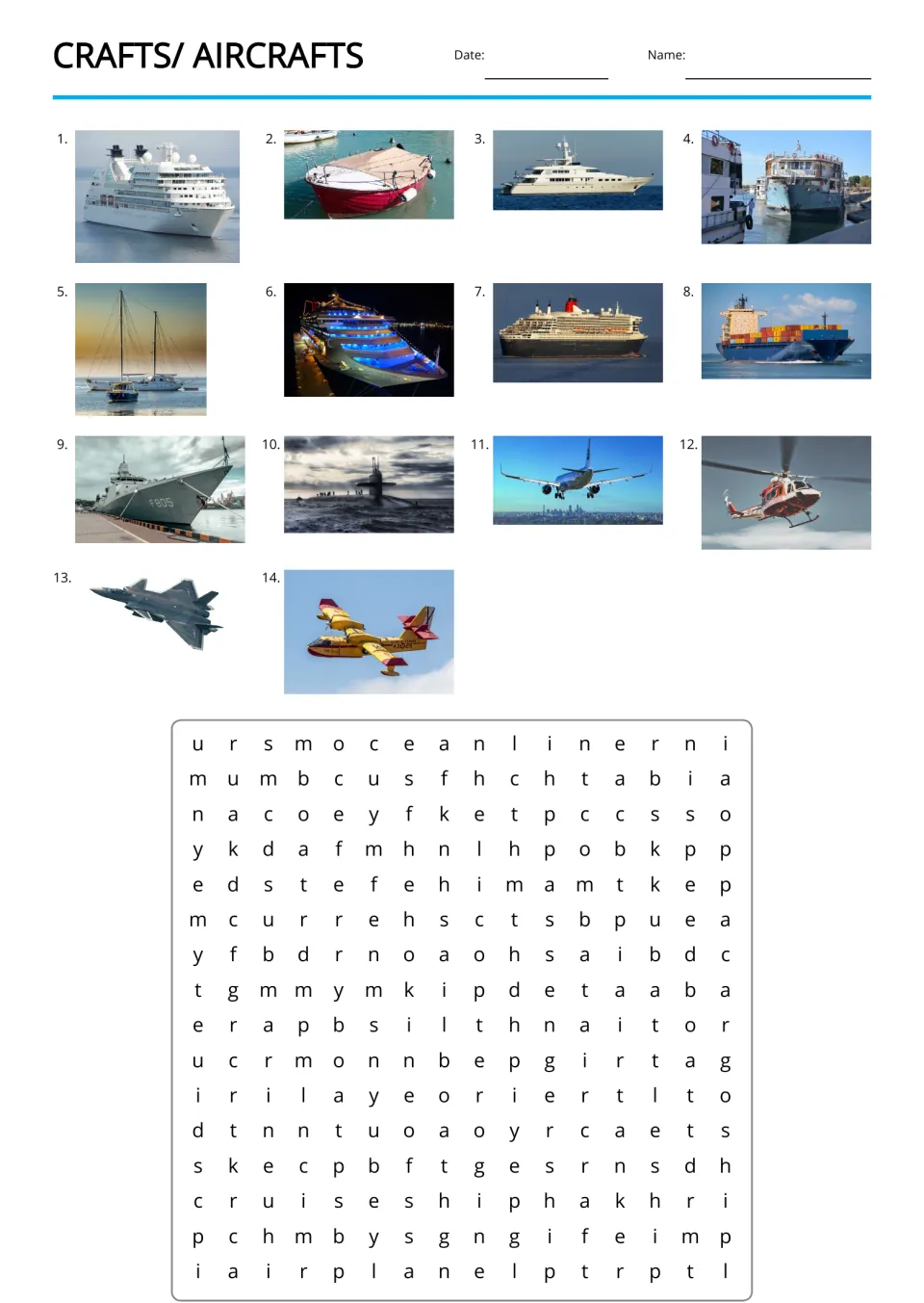 Craft vocabulary word search uses 14 numbered photo clues, including passenger ship, boat, and helicopter