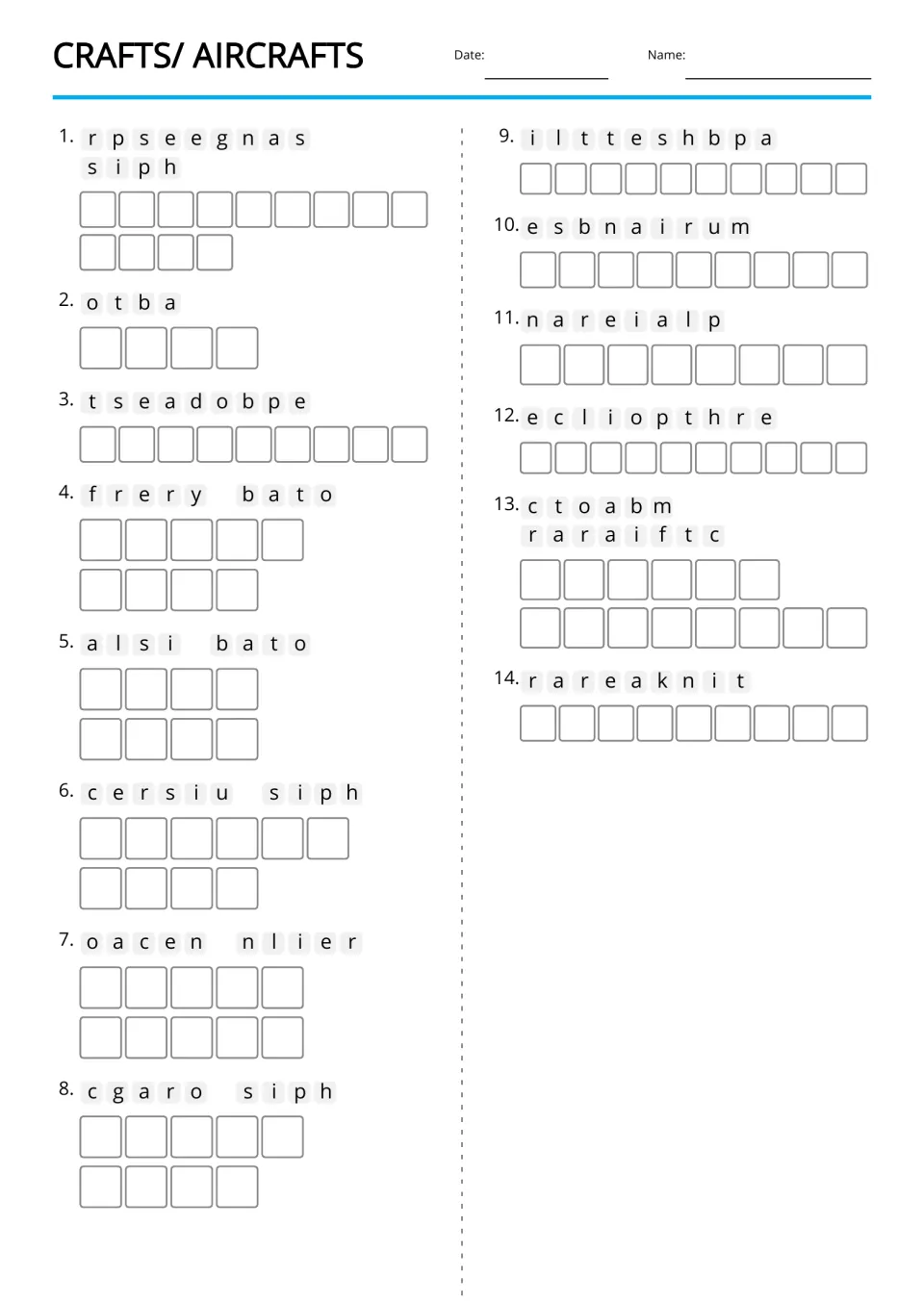 Text-only anagrams review 14 craft names, including passenger ship, ferry boat, cargo ship, and airtanker