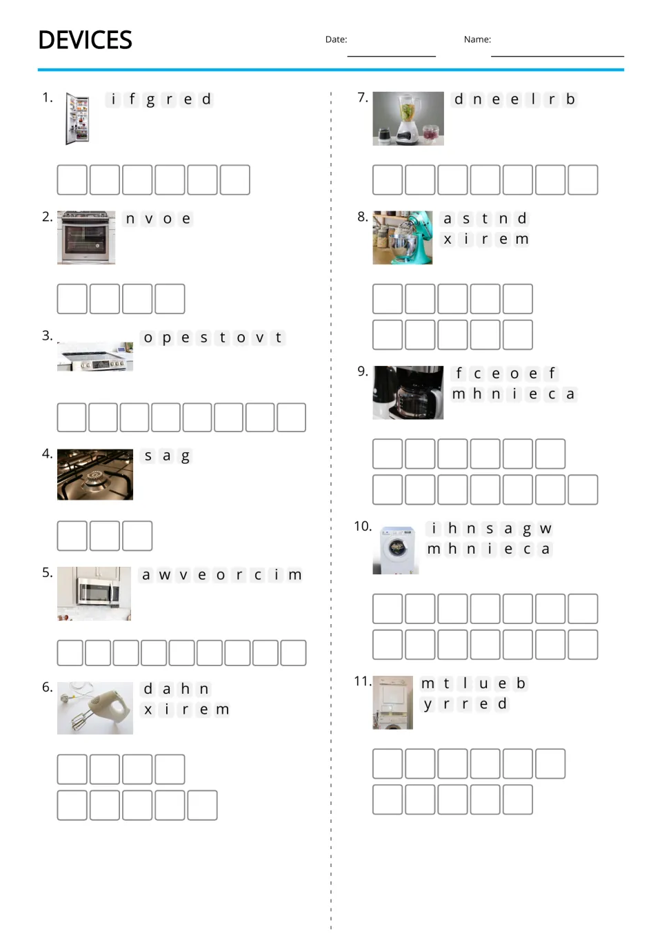 Devices anagram practice, items 1–11: photos and scrambled names for fridge, oven, stovetop and eight more