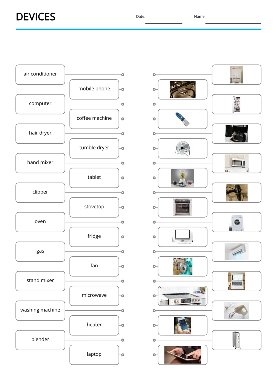 Device vocabulary matching: 20 English names to match to photos, including air conditioner and mobile phone