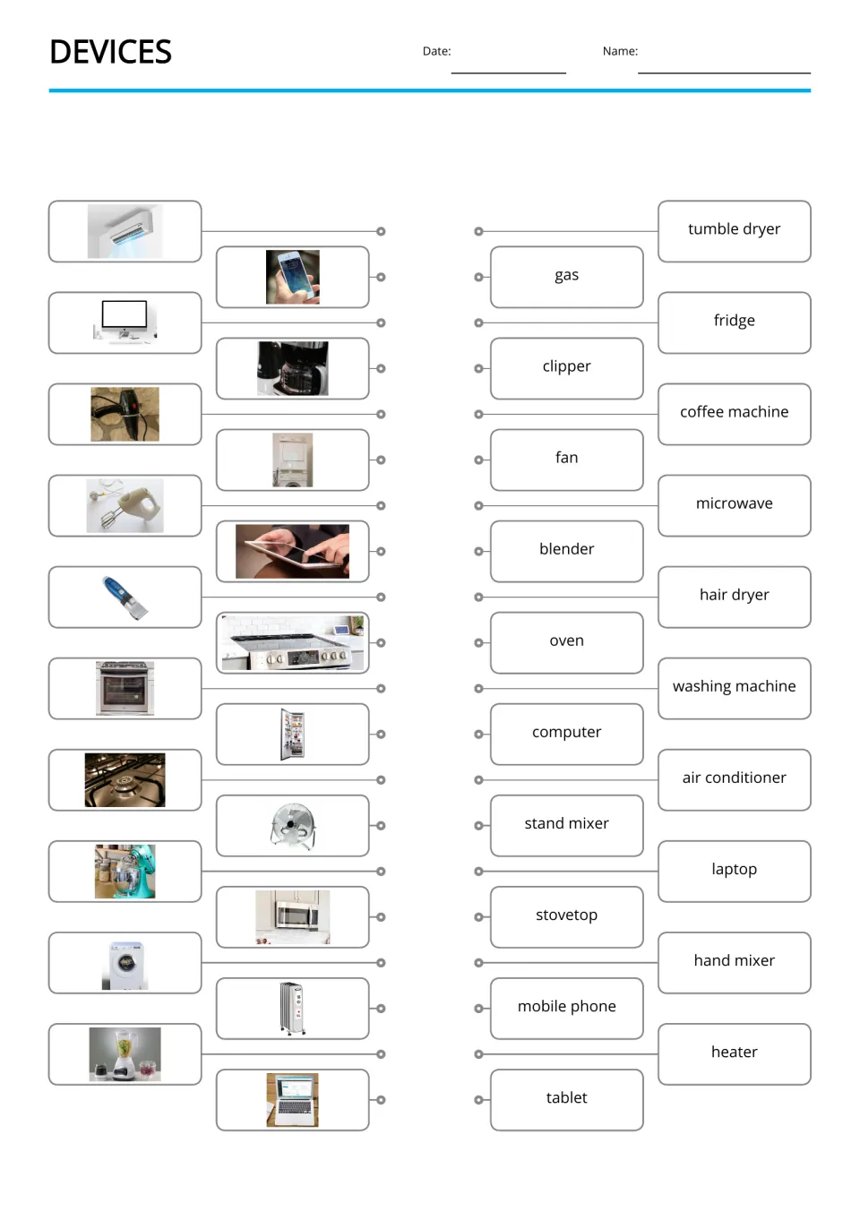 Device vocabulary matching: 20 photos to match to English names, including tumble dryer, gas and fridge