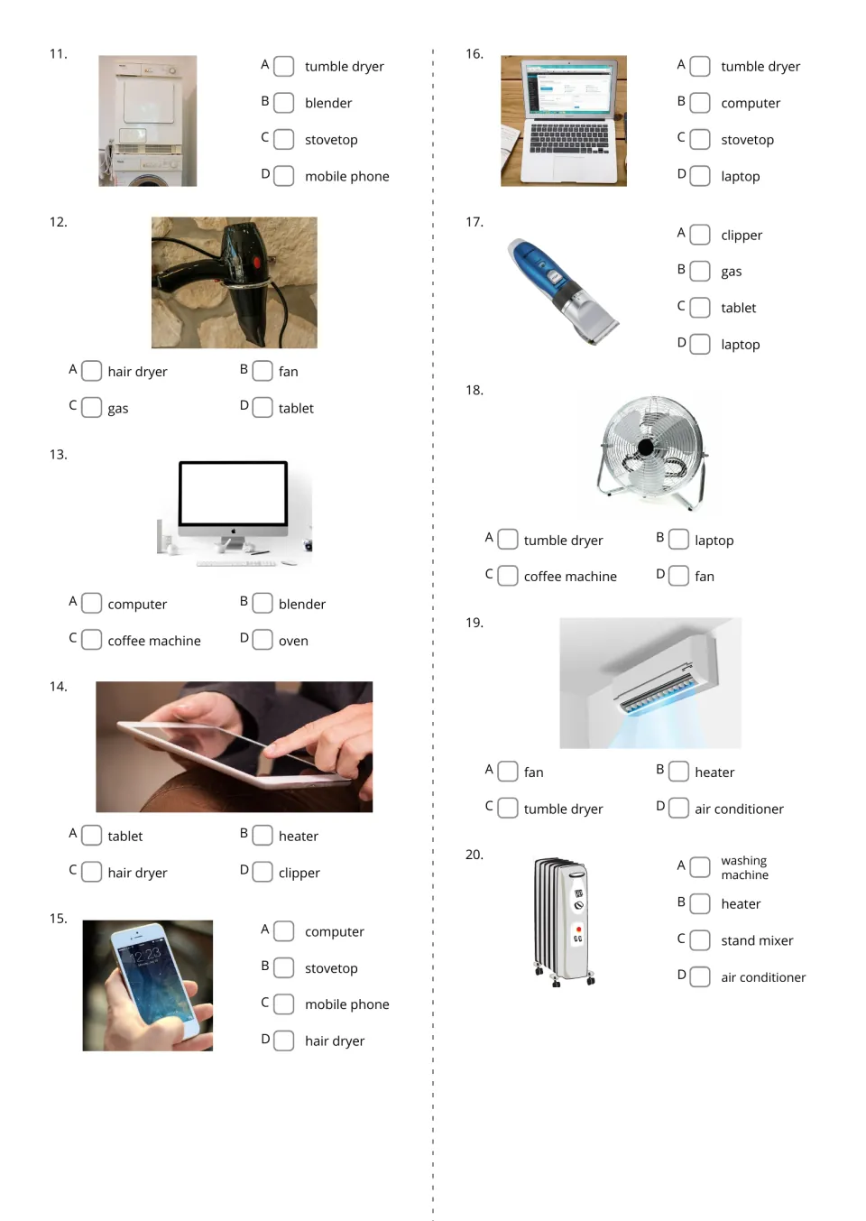 Device photo quiz, items 11–20: choose each English name from four options, from tumble dryer to heater