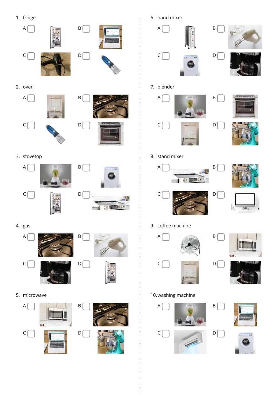 Device word quiz, items 1–10: choose the matching photo for fridge, oven, stovetop and seven more names