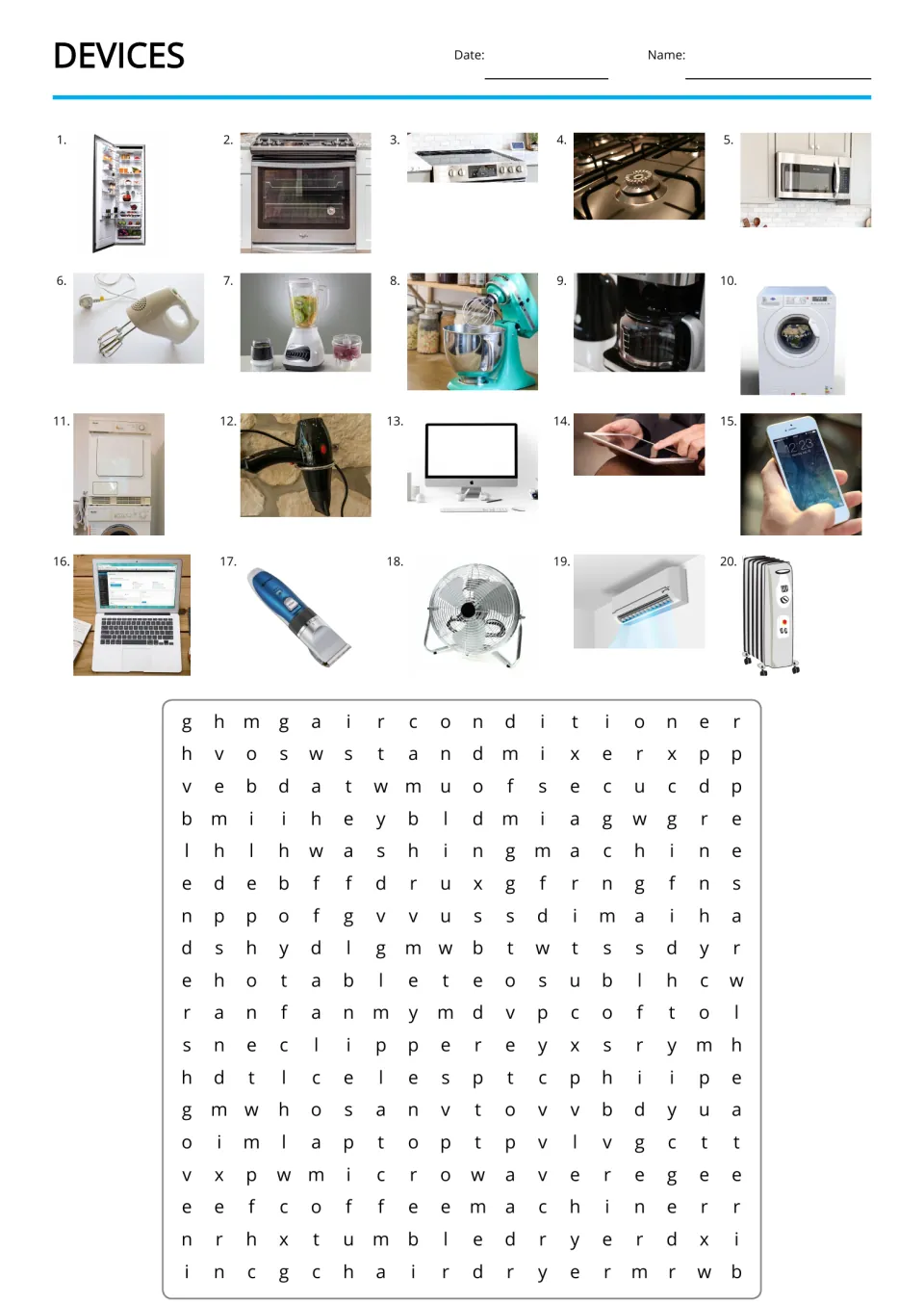 Devices word search with 20 numbered photo clues, including fridge, oven, stovetop, gas and microwave