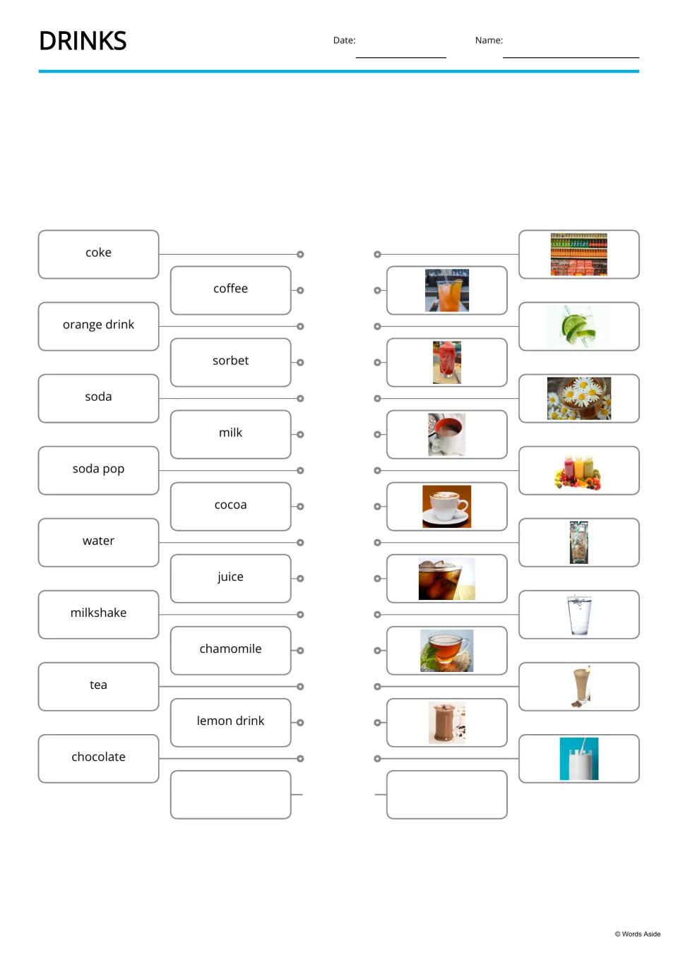 Drinks matching: students connect 15 English drink words, from coke to chocolate, to the matching drink photos