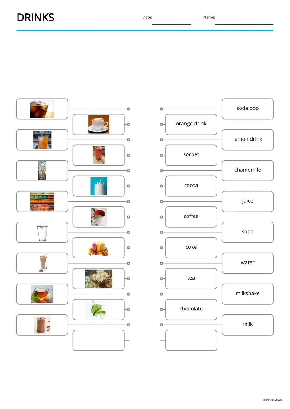 Drinks picture-to-word match: students draw lines from 15 drink photos to words like soda pop, lemon drink and cocoa