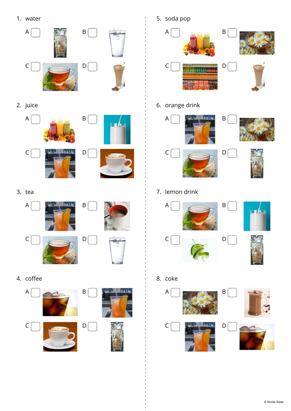 Word-to-photo choice, items 1-8: for each drink word, such as water, tea or coke, students pick the matching photo