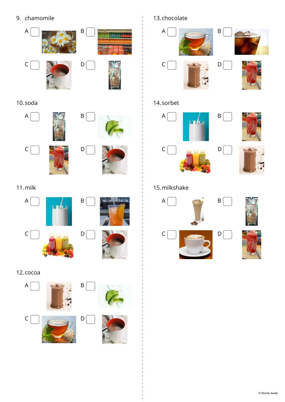 Word-to-photo choice, items 9-15: students select the photo for chamomile, soda, milk, cocoa, chocolate, sorbet, milkshake