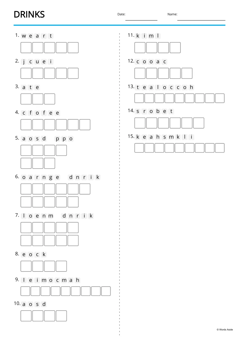 Drinks unscramble without pictures: students rebuild 15 jumbled words such as 'w e a r t' and 'k e a h s m k l i'