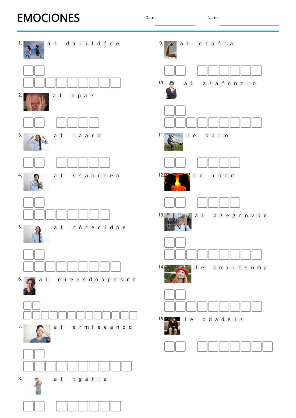 Picture-supported Spanish anagrams for 15 terms, including felicidad (happiness), pena (sorrow), and rabia (anger)