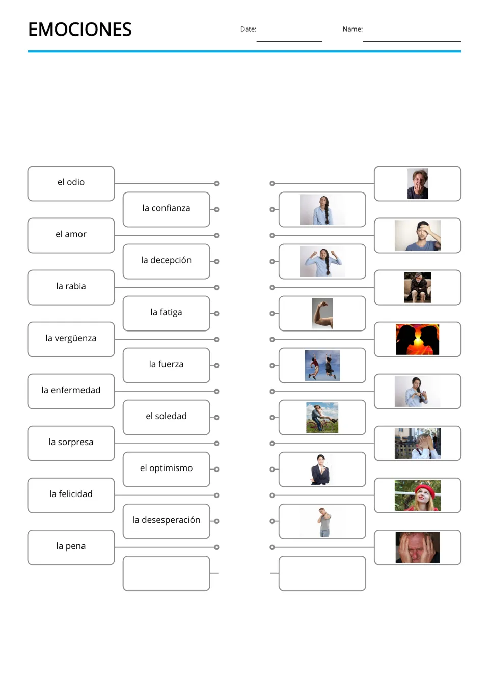 Spanish vocabulary matching: 15 terms, including odio (hatred), amor (love), and rabia (anger), paired with photos