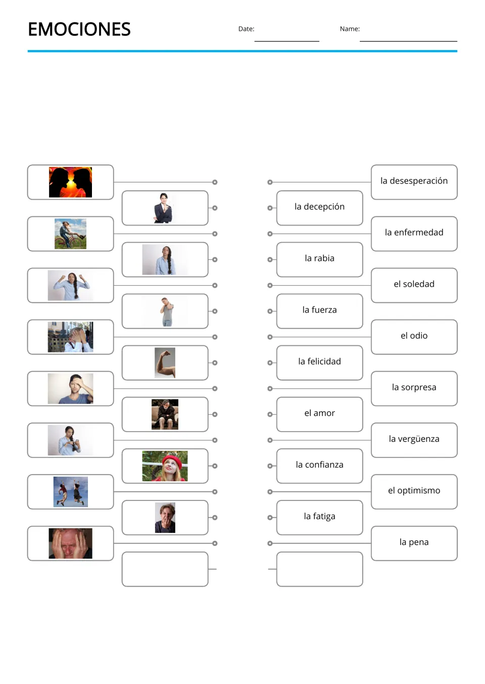 Picture-to-word Spanish matching for 15 terms, including fatiga (fatigue), fuerza (strength), and amor (love)