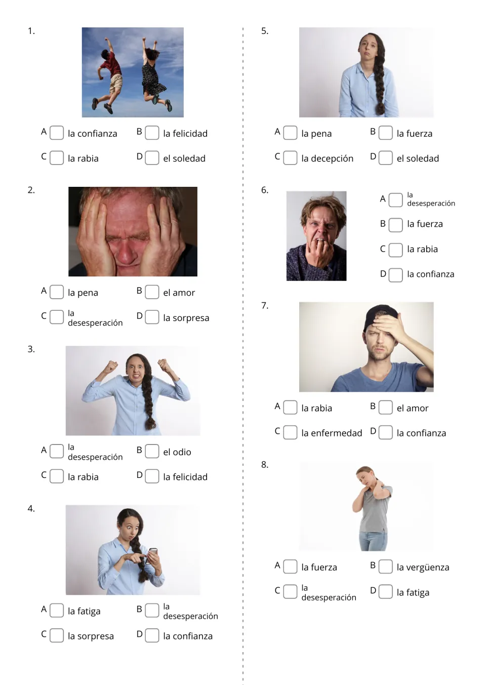 Spanish picture questions 1–8 ask students to choose terms for happiness, sorrow, anger, surprise, and more