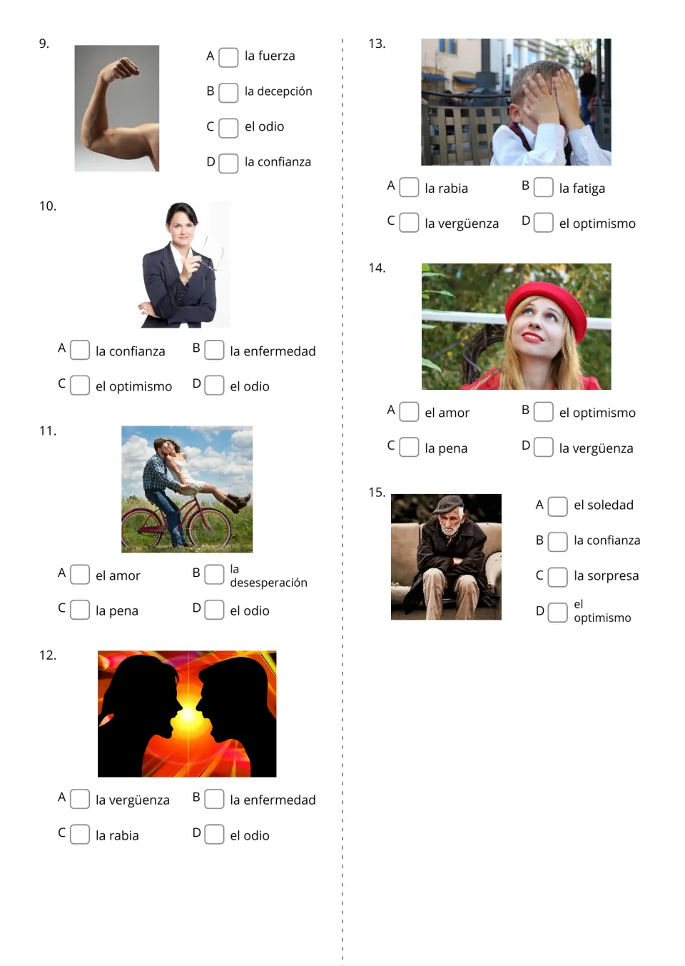 Spanish picture questions 9–15 cover strength, confidence, love, hatred, embarrassment, optimism, and loneliness