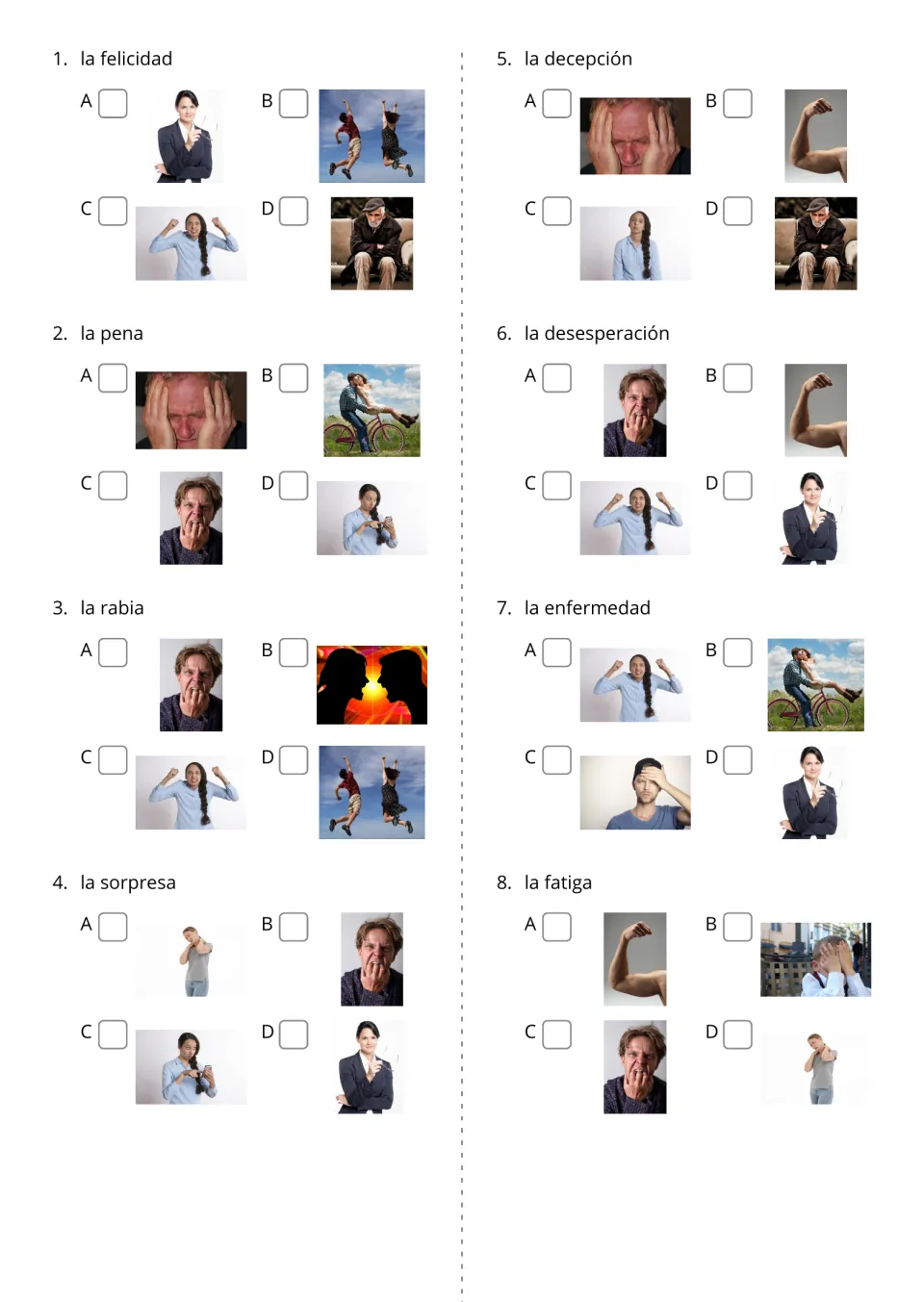 Spanish word questions 1–8 offer four picture choices for felicidad (happiness), pena (sorrow), and six more