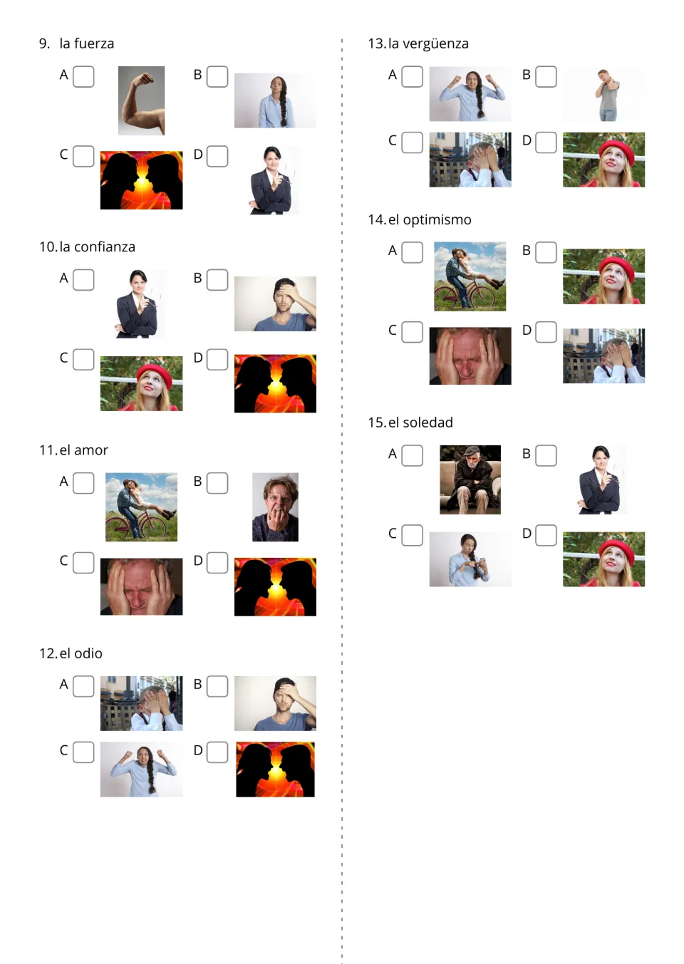 Spanish word questions 9–15 offer picture choices for fuerza (strength), confianza (confidence), and five more