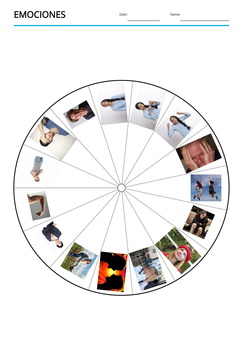 Emotions vocabulary wheel uses 15 photos to represent happiness, anger, surprise, fatigue, love, and more