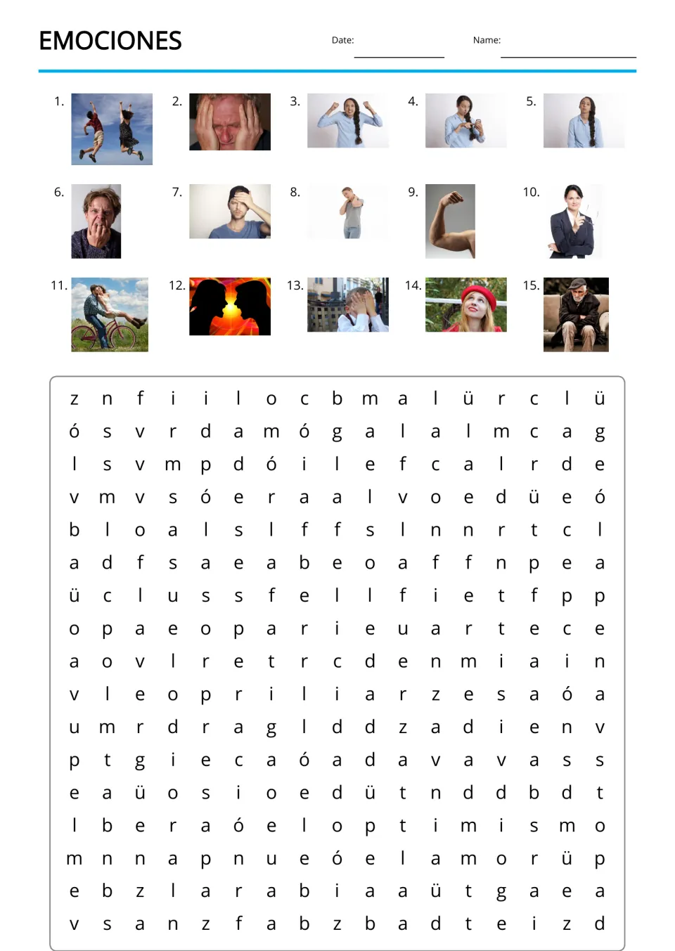 Spanish emotions word search includes 15 numbered photo clues and terms such as optimismo (optimism) and amor (love)