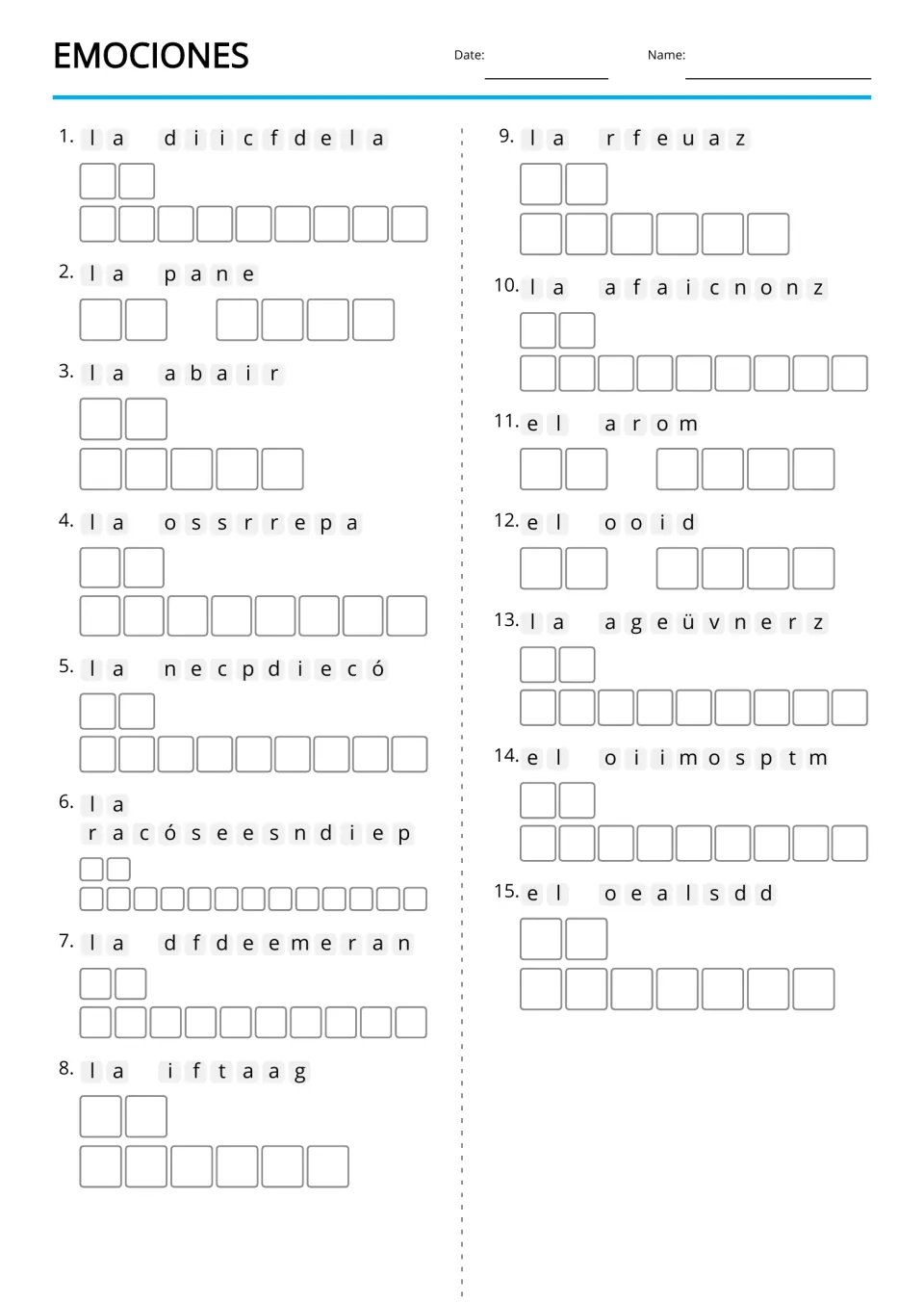 Spanish anagrams for 15 vocabulary terms without photo clues, including felicidad (happiness) and pena (sorrow)