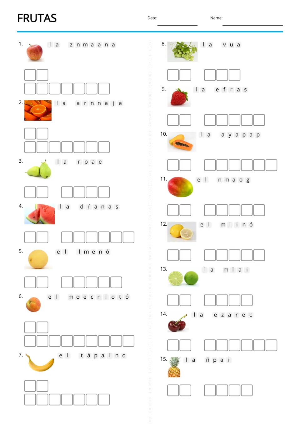 Frutas word scramble: students unscramble 15 Spanish fruit names, such as la manzana, using a photo of each fruit