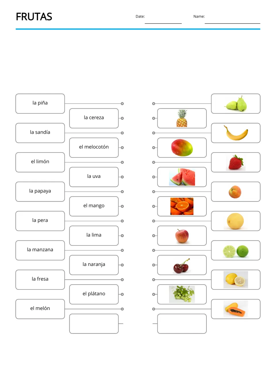 Frutas matching: students connect 15 Spanish fruit words, from la piña to el melón, to the matching fruit photos