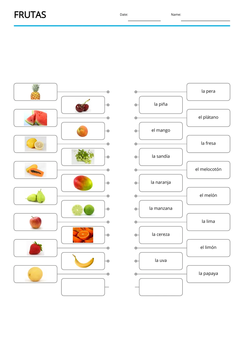 Frutas matching, reversed: students link 15 fruit photos on the left to Spanish names such as la pera and el plátano