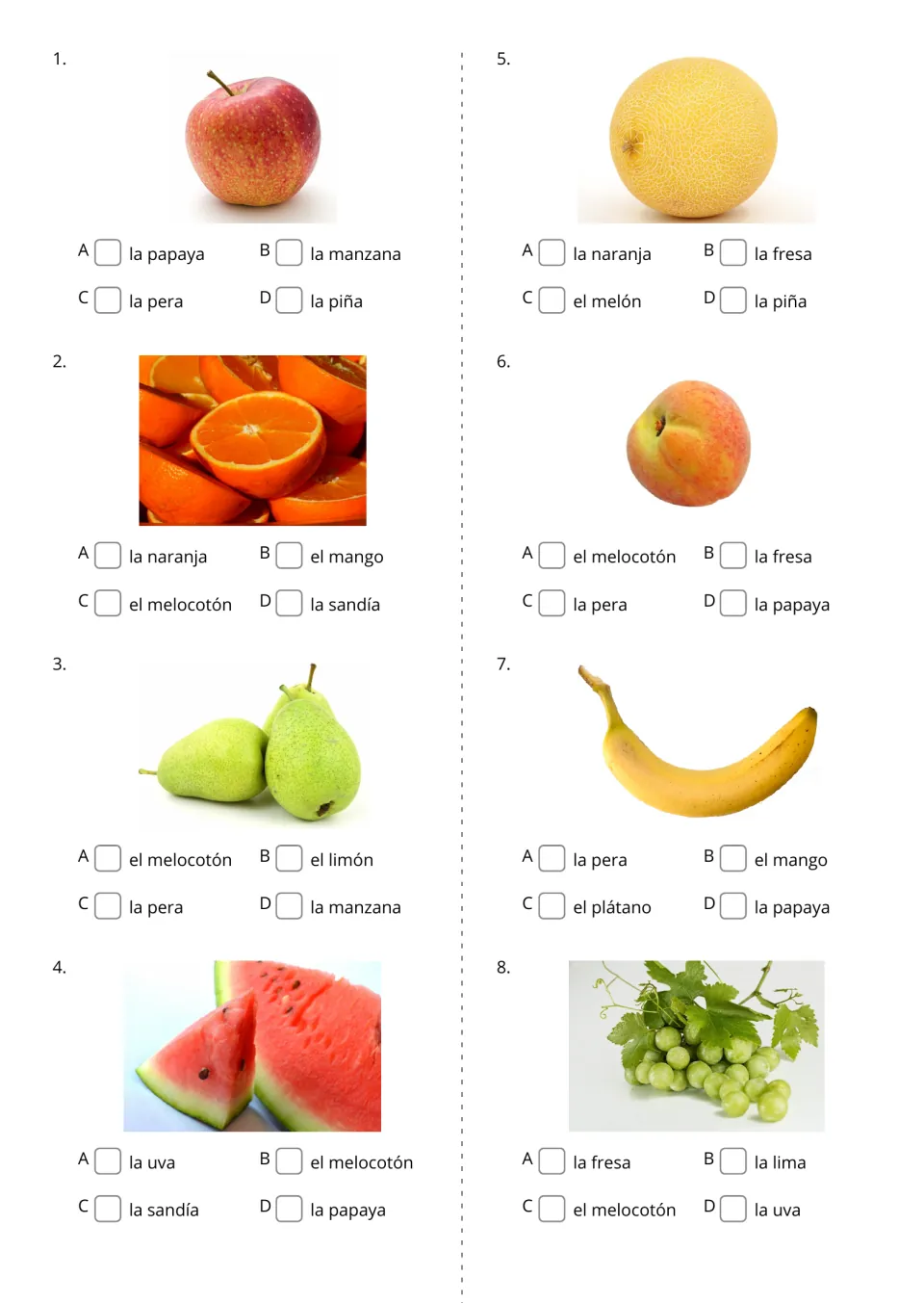 Fruit vocabulary quiz, items 1-8: students choose the Spanish name for each photo, such as la manzana or la naranja