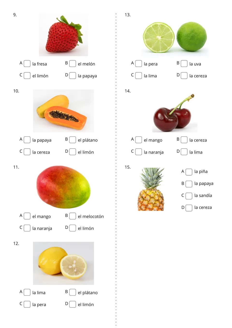 Fruit vocabulary quiz, items 9-15: students pick the Spanish word for a strawberry, papaya, mango, lemon, lime and more