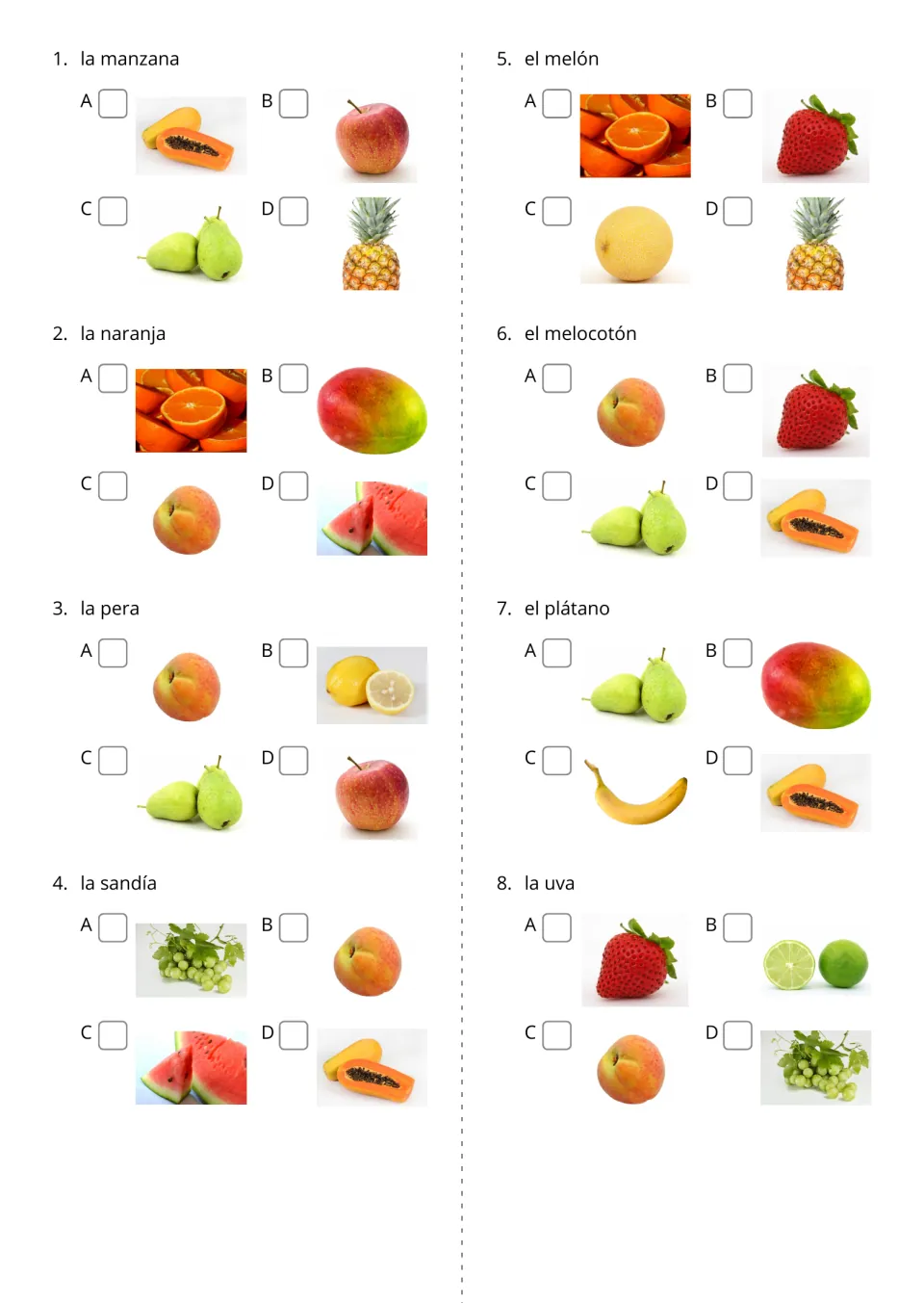 Spanish word to picture quiz, items 1-8: students read a fruit name like la manzana and tick the matching photo A-D