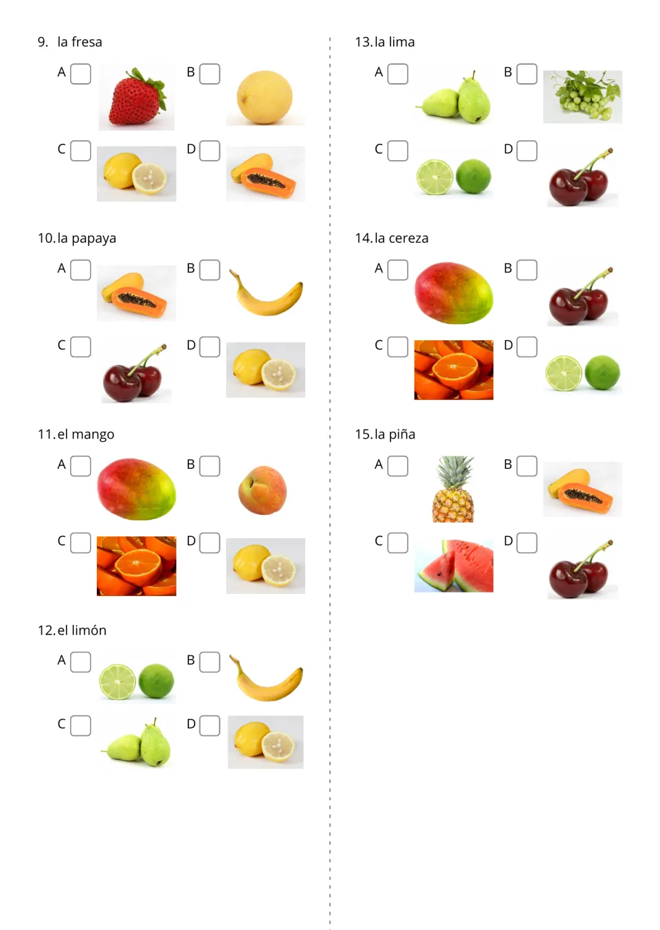 Spanish word to picture quiz, items 9-15: students read la fresa, la papaya, el mango and others and tick the right photo
