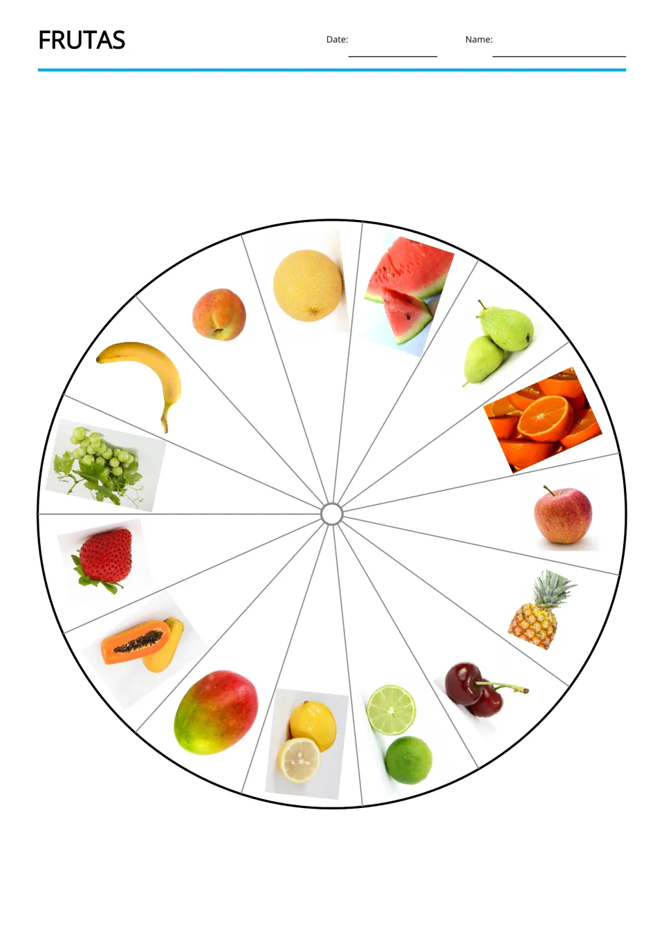 Frutas wheel showing 15 fruit photos, including banana, pear, apple, pineapple and cherries, one in each section