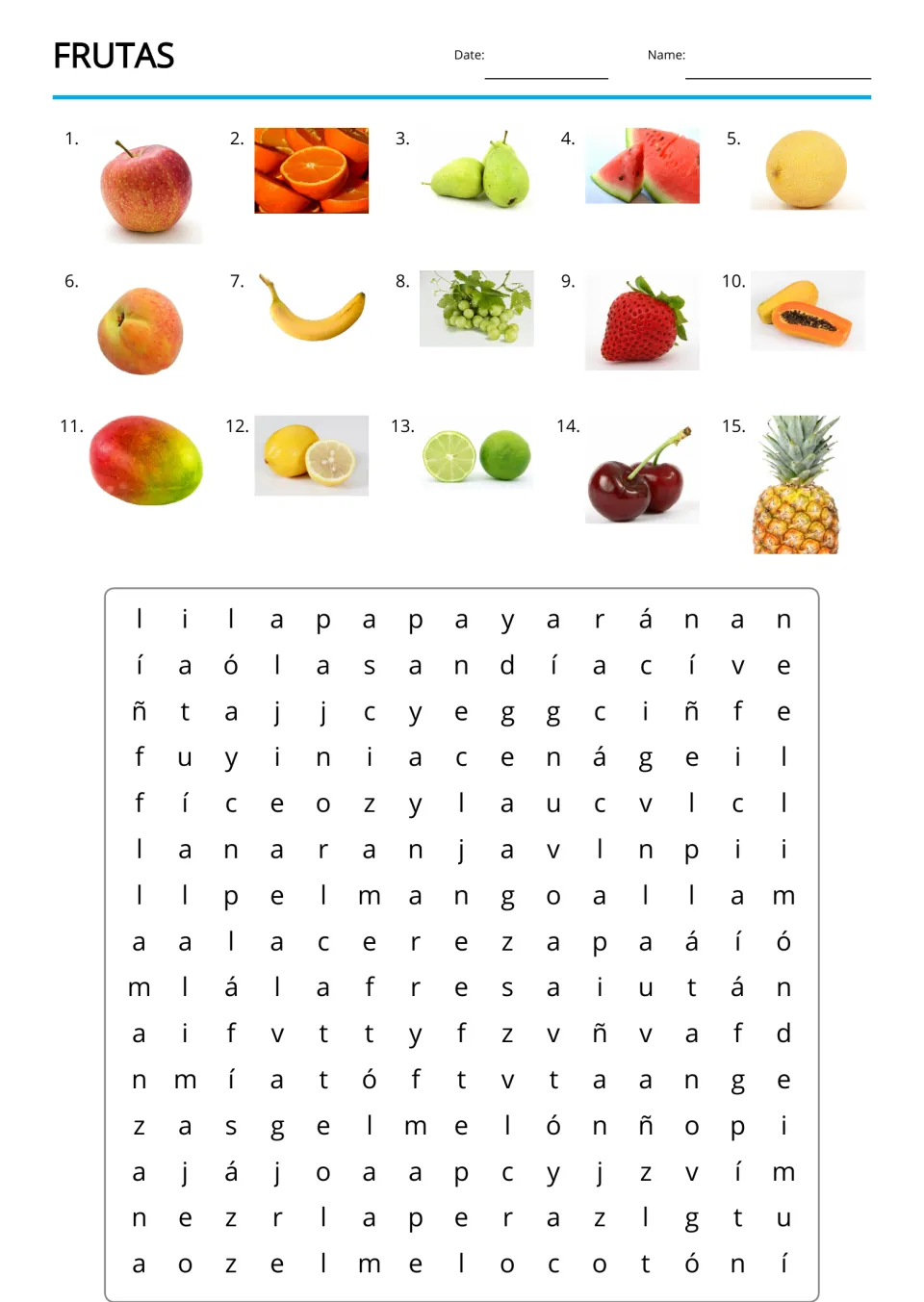 Frutas word search: students find the Spanish names of 15 numbered fruit photos hidden in a letter puzzle