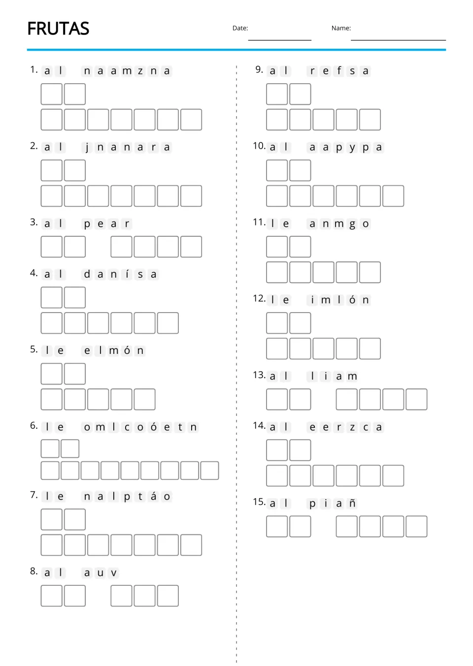 Frutas scramble without pictures: students unscramble both article and noun, e.g. 'a l n a a m z n a', for 15 fruits
