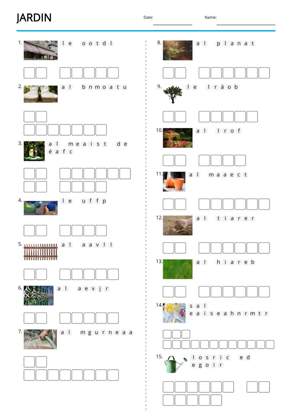 Spanish garden vocabulary anagrams for 15 pictured items, including el toldo (awning) and la flor (flower)