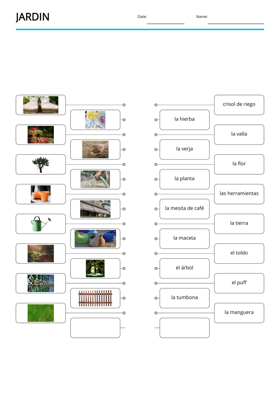 Spanish garden picture-to-word matching for 15 terms, including la tierra (soil) and la maceta (flowerpot)