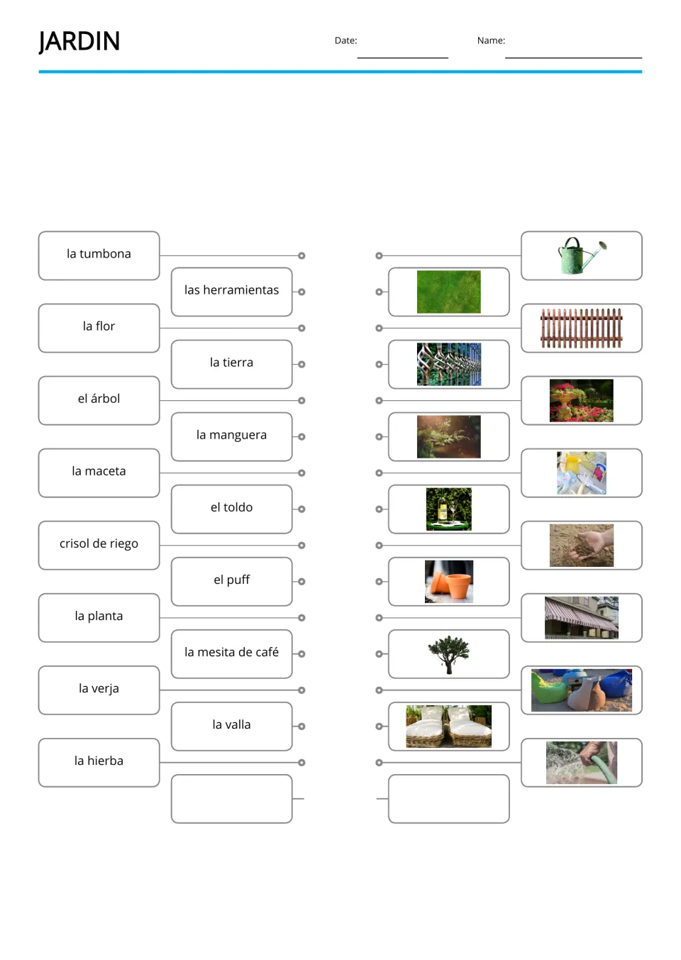 Spanish garden word-to-picture matching for 15 terms, including la valla (fence) and la manguera (hose)