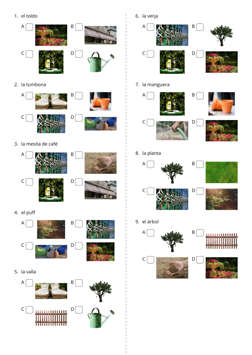 Spanish garden multiple-choice items 1–9 ask students to choose photos for el toldo (awning) and eight more
