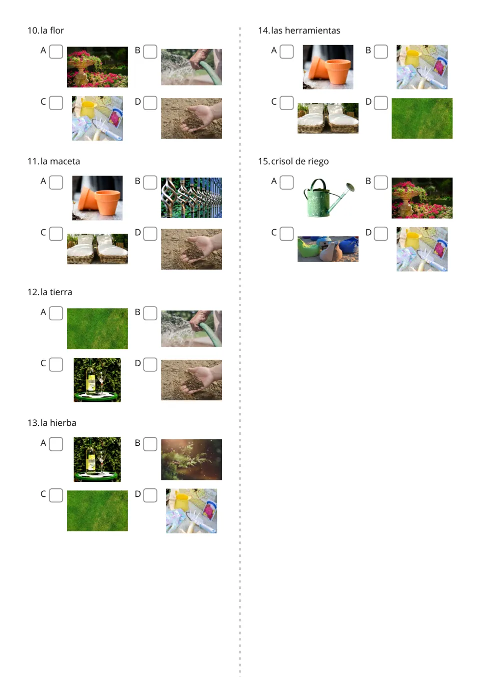 Spanish garden multiple-choice items 10–15 ask students to choose photos for la flor (flower) and five more