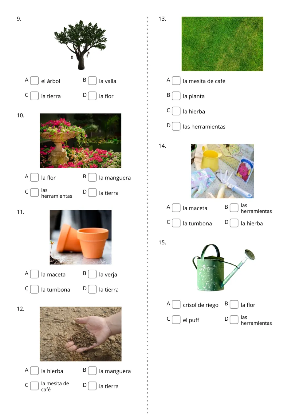 Spanish garden photo questions 9–15 offer word choices for a tree, flowers, pots, soil, grass, tools, and watering can