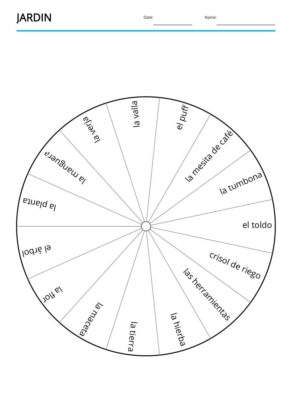 Spanish garden vocabulary word wheel with 15 labels, including el árbol (tree) and las herramientas (tools)
