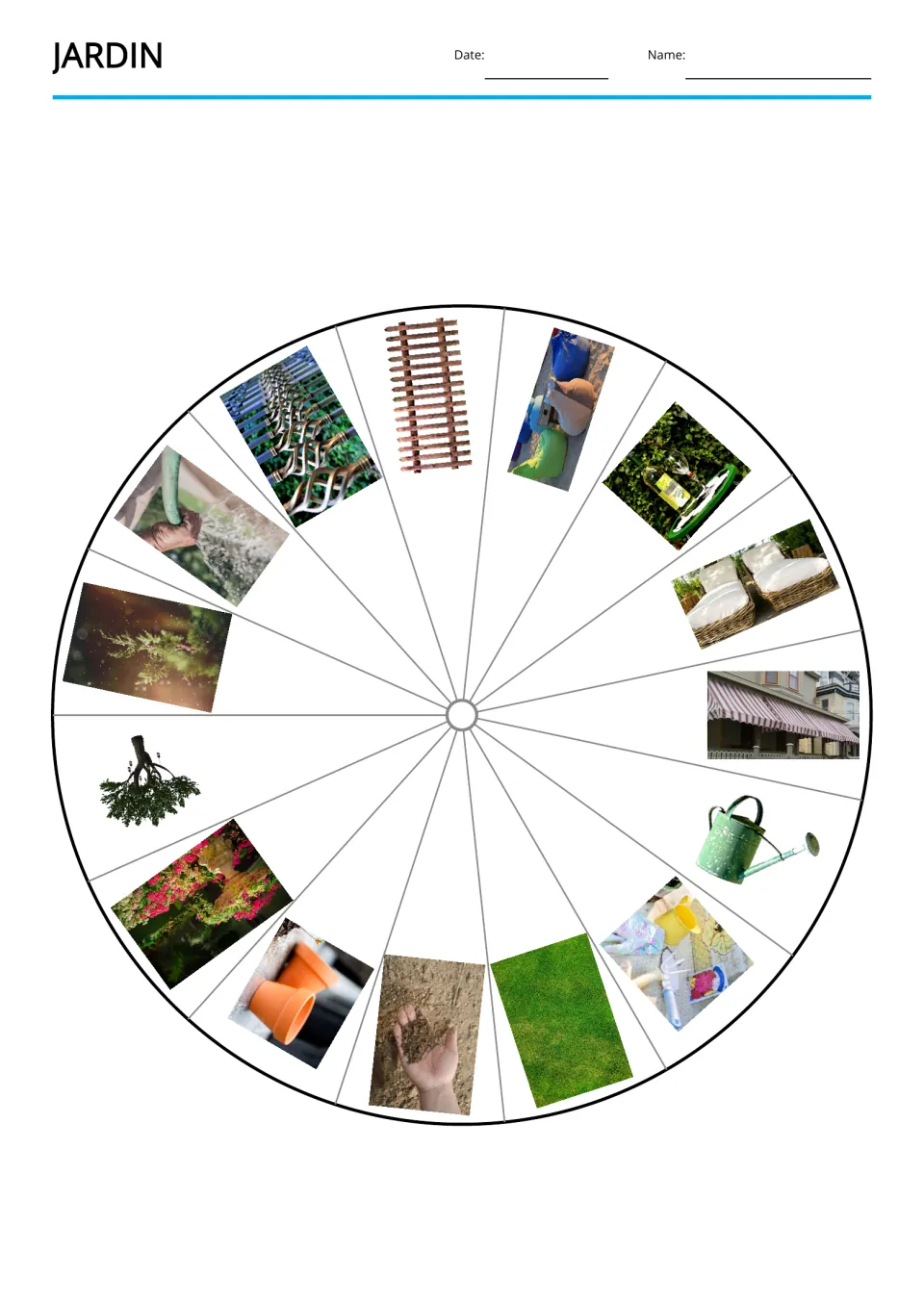 Garden vocabulary picture wheel showing the same 15 items as the word wheel, including a hose and watering can