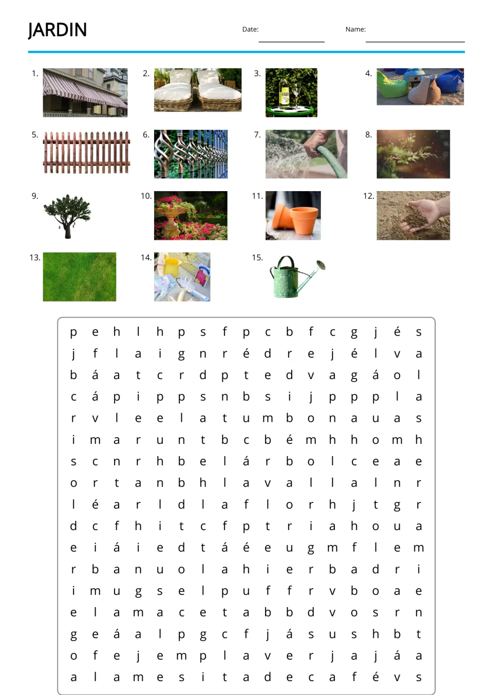 Spanish garden word search with 15 numbered photo clues, including a fence, tree, flowerpot, and watering can