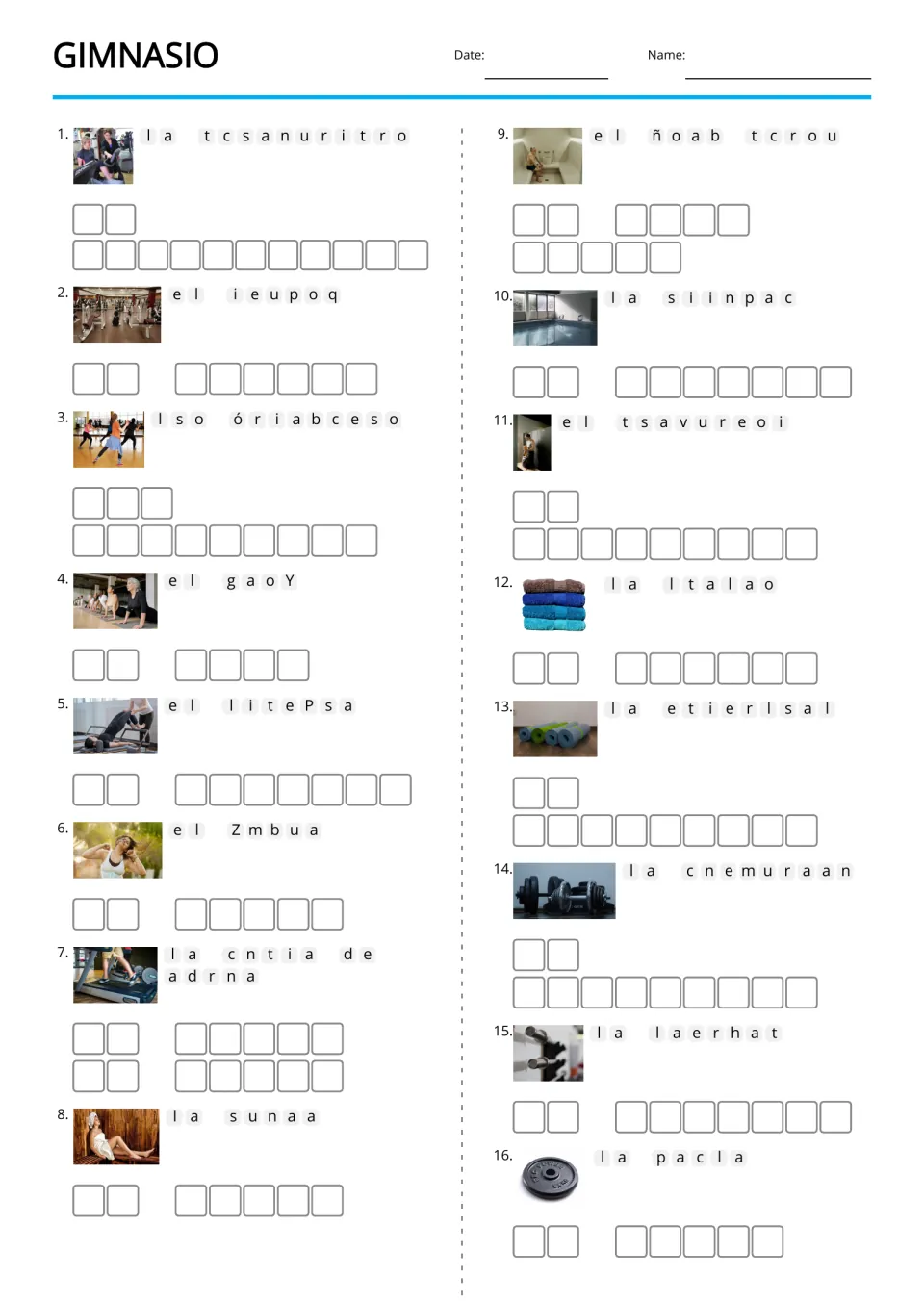 Picture-supported Spanish gym anagrams for 16 terms, including la instructora (instructor) and el equipo (equipment)