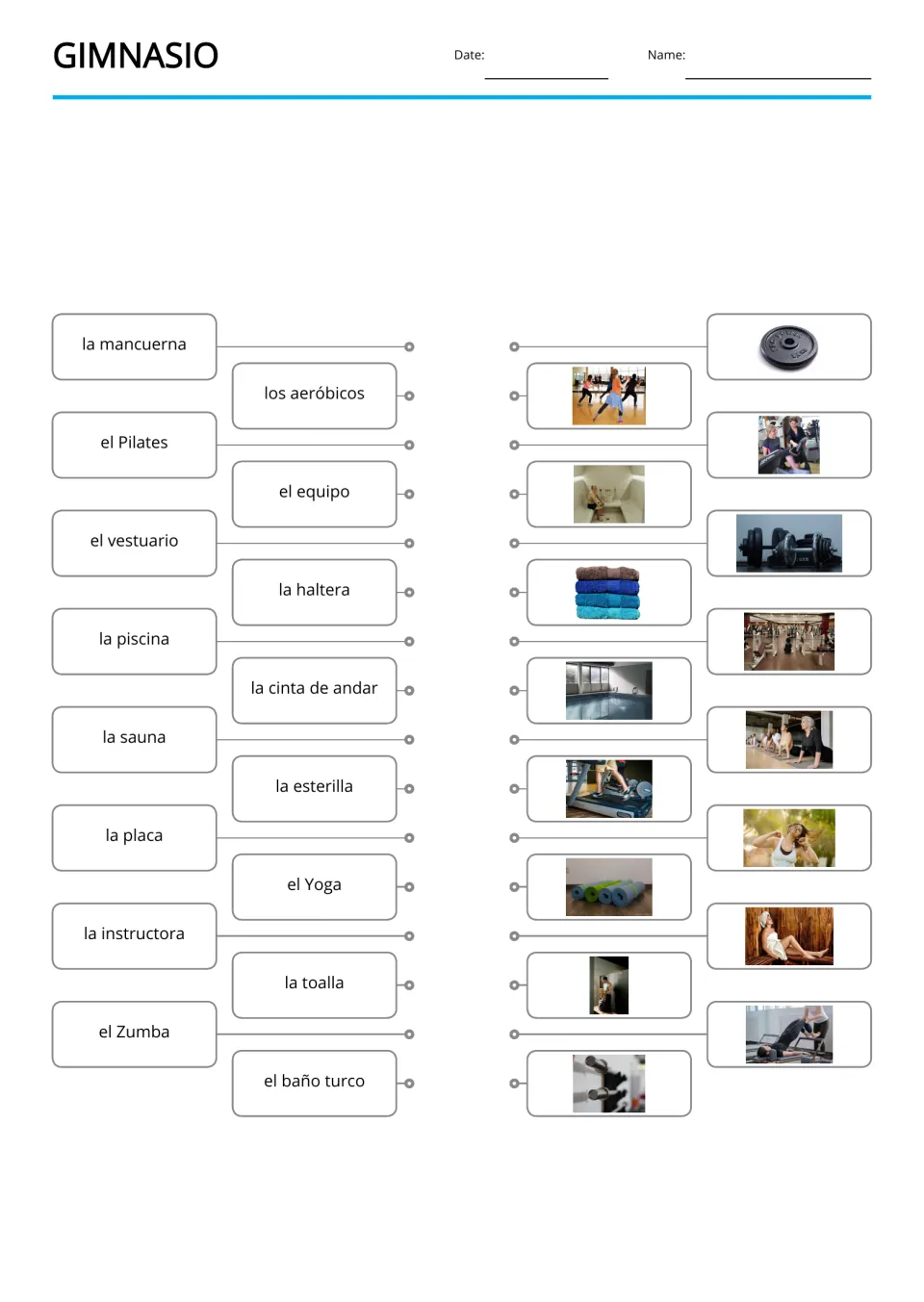 Spanish gym word-to-picture matching for 16 terms, including la mancuerna (dumbbell) and la piscina (pool)